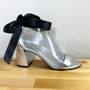 Steve Madden Silver Block Heel Sandals Black Ribbon Tie Ankle Wrap Matty 7.5